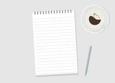 Masanın üzerinde bir kalem ve bir fincan kahveyle birlikte bir defter var. Yukarıdan bak. Vektör çizimi