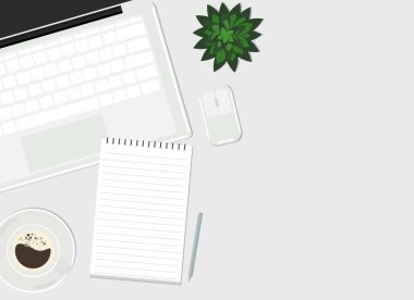 Beyaz klavyeli, kablosuz fare ve kahvenin yanında açık bir dizüstü bilgisayarın vektör çizimi. Yukarıdan görüntüle
