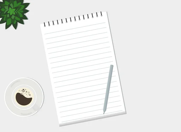 桌上有一本笔记本 上面有铅笔 一杯咖啡和一棵绿色的植物 从上面看矢量绘图 — 图库矢量图片