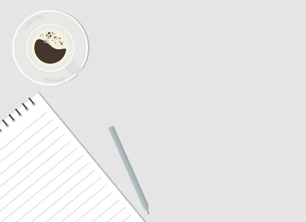 Στο Τραπέζι Είναι Ένα Σημειωματάριο Μολύβι Και Ένα Φλιτζάνι Καφέ — Διανυσματικό Αρχείο