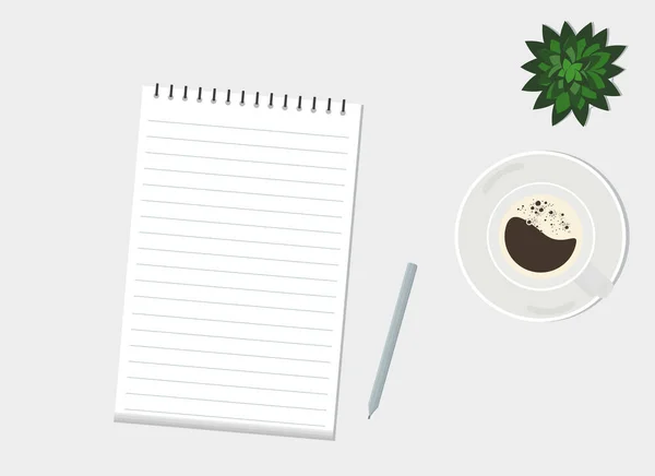桌上有一本笔记本 上面有铅笔 一杯咖啡和一棵绿色的植物 从上面看矢量绘图 — 图库矢量图片