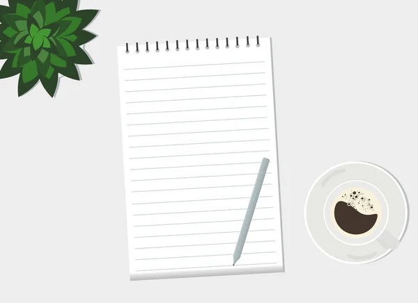 Mesa Hay Cuaderno Con Lápiz Una Taza Café Una Planta — Vector de stock