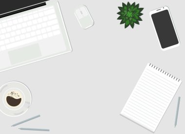 Vektör çizimi. Masaüstünde bir dizüstü bilgisayar, bir cep telefonu, bir bitki, bir fincan kahve ve bir kağıt defter var. Yukarıdan görüntüle