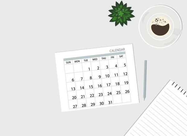 Het Bureaublad Staat Een Kalender Een Kop Koffie Een Notitieboekje — Stockvector