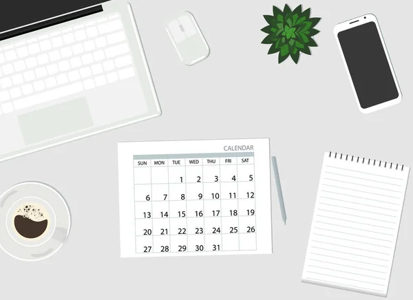 Ovanifrån Bordet Finns Laptop Telefon Kalender Kaffe Och Planta Vektorillustration — Stock vektor