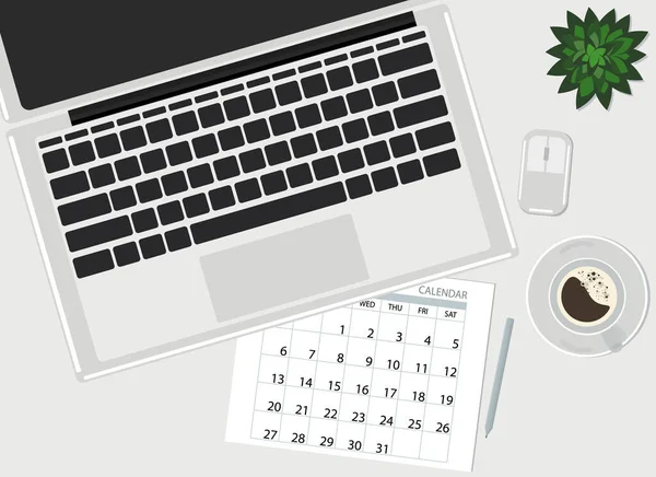 工作空间顶部视图 桌上有笔记本电脑 咖啡和植物 矢量说明 — 图库矢量图片