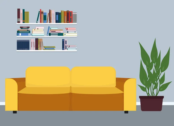 Woonkamer Interieur Met Gele Bank Boekenplanken Groene Plant Vectorillustratie — Stockvector