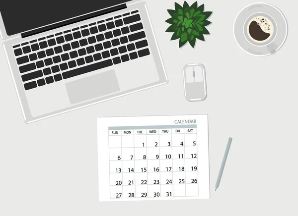 Werkruimte Bovenaanzicht Tafel Liggen Laptop Kalender Koffie Plant Vectorillustratie — Stockvector