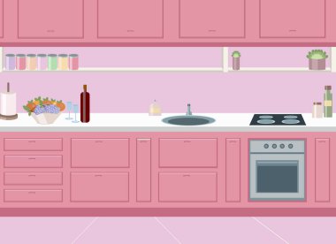 Pembe mutfak tasarımı, ev yapımı, lavabo ve buzdolabı. Vektör çizimi