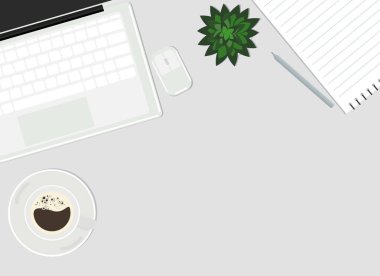 Beyaz klavyeli, kablosuz fare ve kahvenin yanında açık bir dizüstü bilgisayarın vektör çizimi. Yukarıdan görüntüle