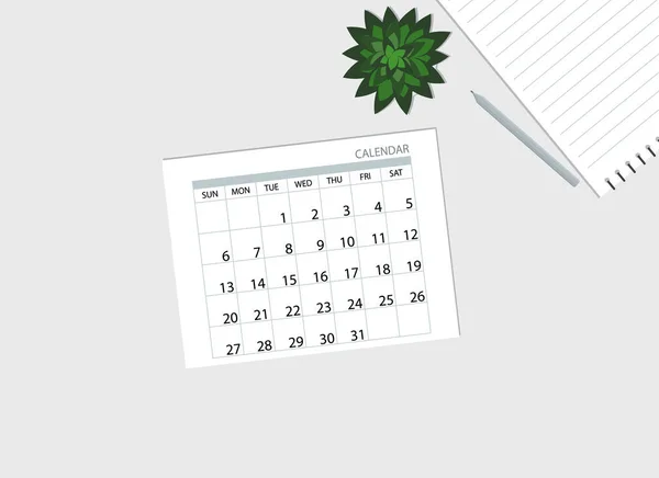 Skrivbordet Finns Kalender Anteckningsblock Penna Och Växt Planerar Vektorritning — Stock vektor