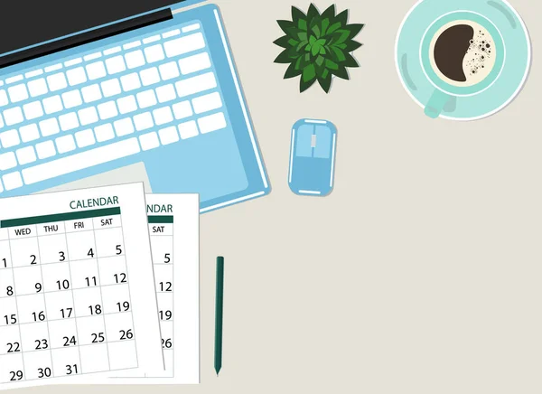 Werkruimte Bovenaanzicht Tafel Liggen Laptop Kalender Koffie Plant Vectorillustratie — Stockvector