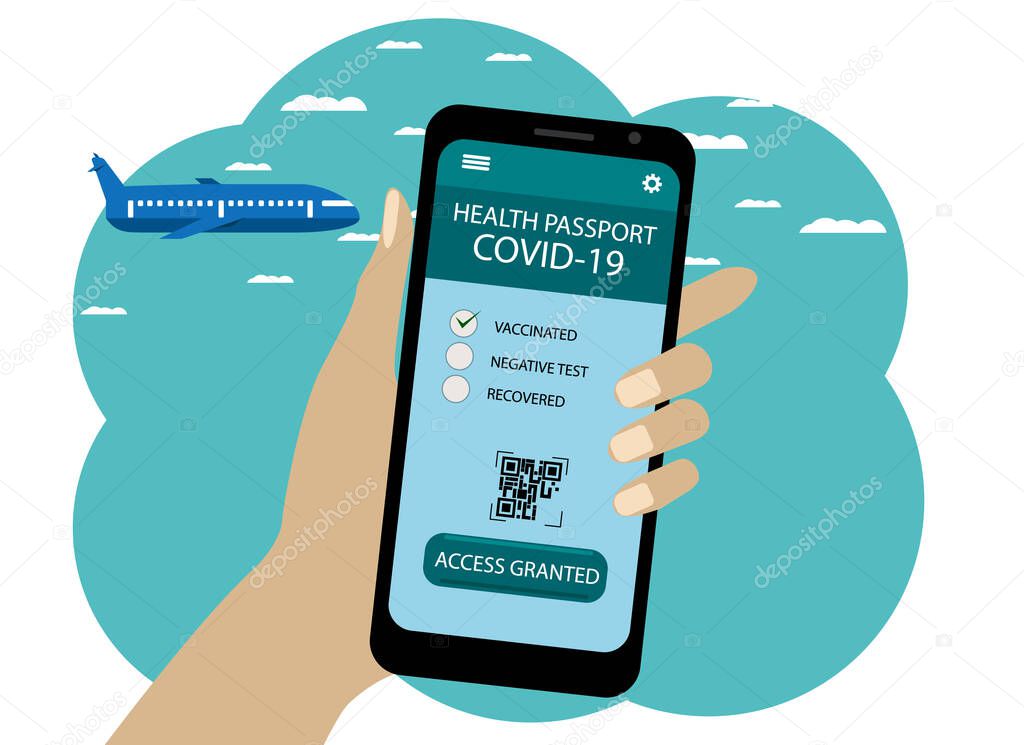 Vector illustration of a hand with a phone. On the screen, the application is health passport covid 19