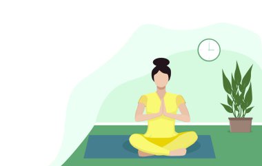 Oturma odasındaki halıya oturmuş meditasyon yapan bir kadının vektör çizimi. Santral içi, saat ve raflar kitaplarla dolu. Sağlıklı yaşam tarzı kavramı.