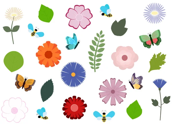 Векторні Ілюстрації Набір Ізольованих Квітів Листя Комах Різноманітність Видів — стоковий вектор