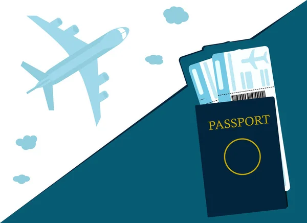 Ilustração Vetorial Passaporte Com Dois Bilhetes Perto Avião Com Nuvens — Vetor de Stock