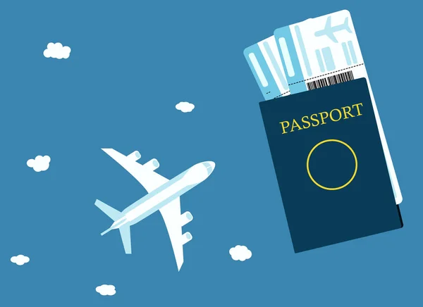 Vector Illustratie Van Een Paspoort Met Twee Tickets Vlakbij Een — Stockvector