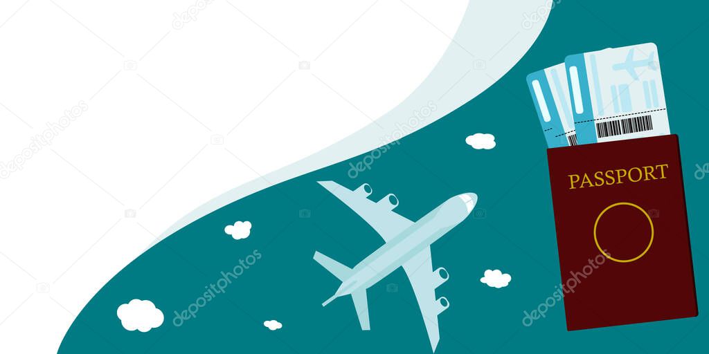 Vector illustration of a passport with two tickets. Nearby an airplane with clouds