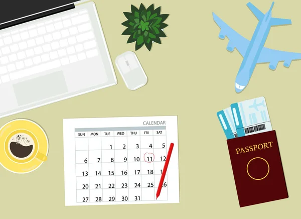 Uçuş Tarihi Konsepti Laptoplu Çalışma Masası Takvim Pasaport Biletler Uçak — Stok Vektör