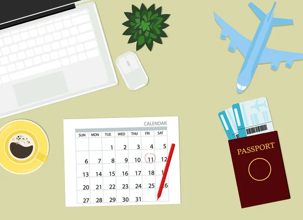 Flygdatumskoncept Arbetsbord Med Laptop Kalender Pass Biljetter Och Flygplansmodell Vektorillustration — Stock vektor