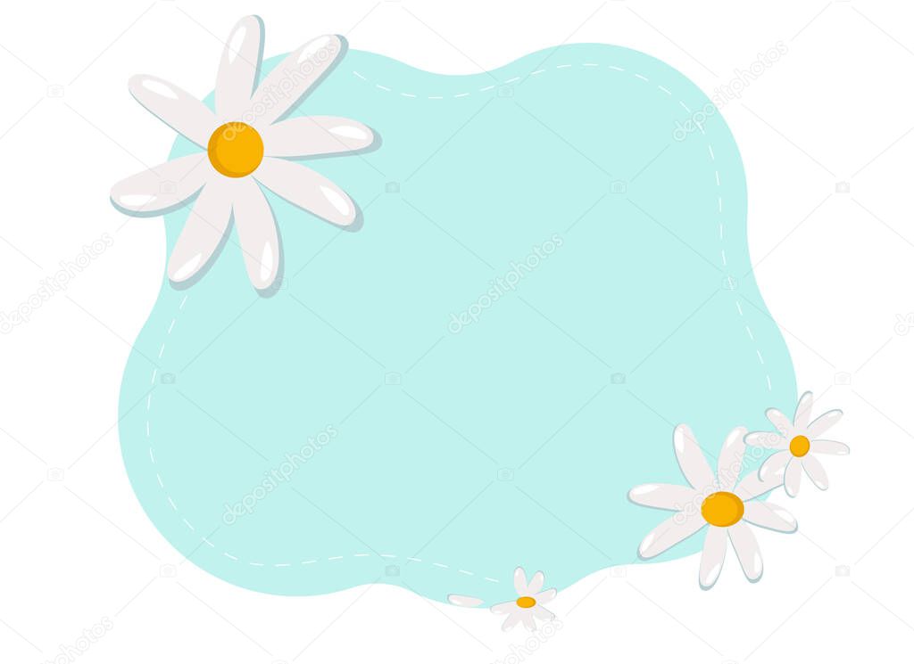 Concept for invitation and greeting card. Vector illustration of a frame with large daisies along the edge on a blue background