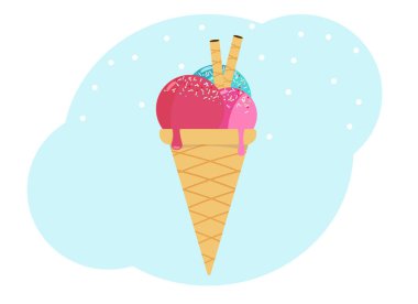 Dondurmanın vektör çizimi. Konik waffle kabında üç kepçe dondurma.