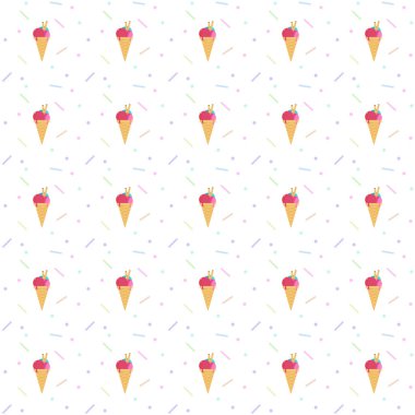 Şablon. Dondurma topları ve tatlı dekorasyonlu waffle fincanlarının arka planı. Vektör illüstrasyonu.