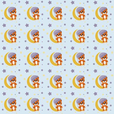 Çocuklar için bir model. Bir kaplan yavrusu Ay 'da gece içkisinin içinde oturur. Bulutların ve yıldızların yakınında