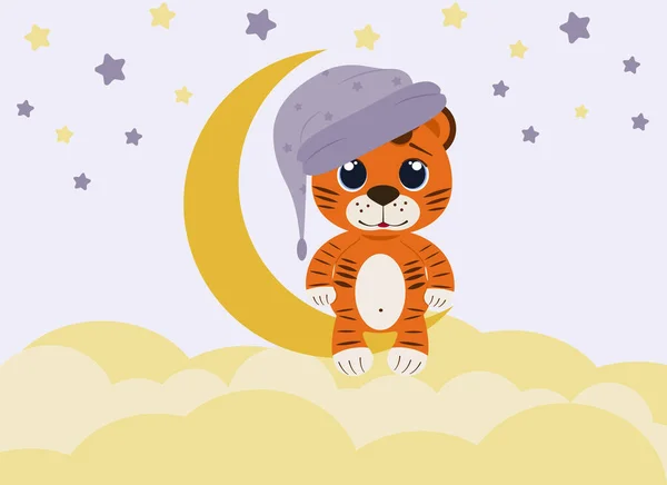 Εικονογράφηση Διάνυσμα Για Παιδιά Ένα Μικρό Τίγρης Κάθεται Στο Φεγγάρι — Διανυσματικό Αρχείο