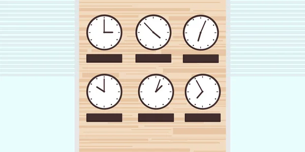 Ilustração Recepção Escritório Parede Duas Fileiras Relógios Com Tempos Diferentes — Vetor de Stock