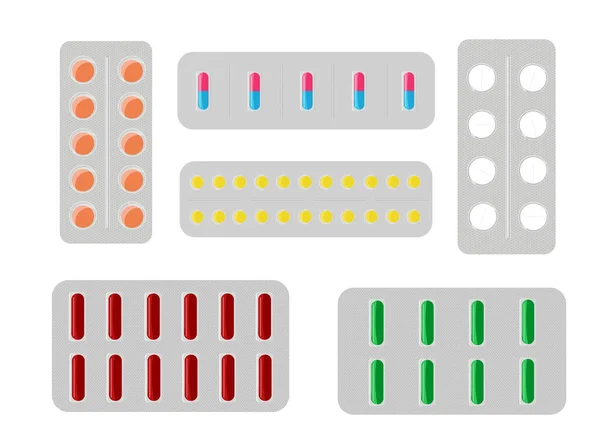Set Van Verschillende Tabletten Een Blisterverpakking Vectorillustratie — Stockvector