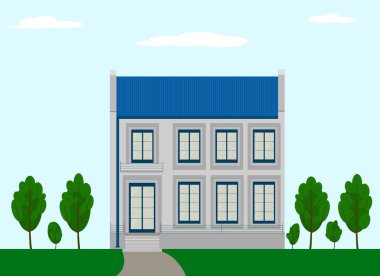 Büyük, modern, iki katlı güzel bir ev, yere geniş pencereli ve cam kapılı. Vektör illüstrasyonu