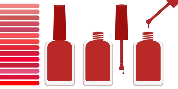 Tres Botellas Con Barniz Rojo Abiertas Cerradas Muy Cerca Hay — Vector de stock