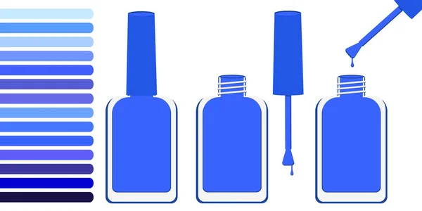 Tres Botellas Con Barniz Azul Abiertas Cerradas Muy Cerca Hay — Vector de stock