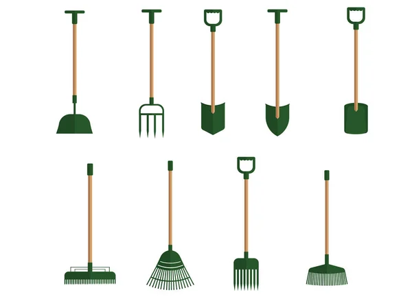 Un conjunto de herramientas de jardín de varias palas y diferentes rastrillos — Vector de stock
