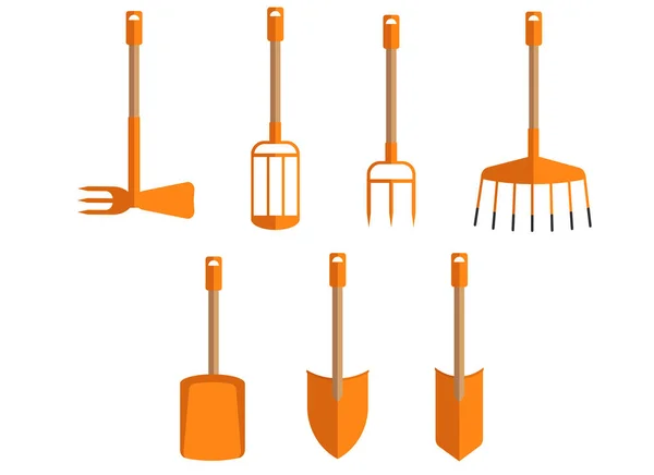 Un ensemble d'outils de jardin pelles, râteaux, fourches, houes. Poignées courtes — Image vectorielle