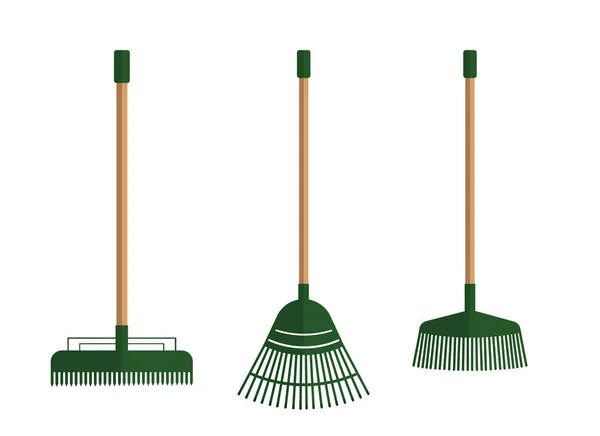 Illustrazione di una serie di rastrelli per pulizia. Attrezzi da giardino. — Vettoriale Stock