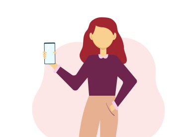 Elinde cep telefonu tutan şık bir kadın. Vektör illüstrasyonu