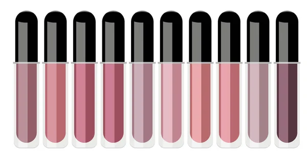 Vector Illustration Set Different Lipsticks Transparent Tube Black Cap — Stock Vector