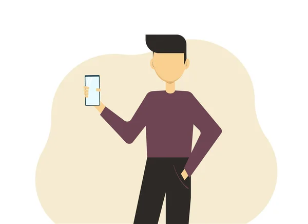 Jonge Stijlvolle Man Met Een Mobiele Telefoon Zijn Hand Vectorillustratie — Stockvector