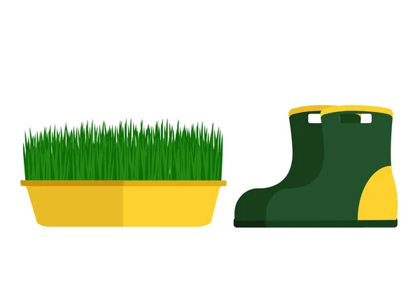Vector Illustratie Van Groene Rubberen Laarzen Gele Pot Gras — Stockvector