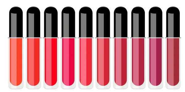 Illustration of a set of different red lipsticks in a transparent tube and black cap — Stock Vector