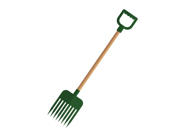 Ilustração de uma forquilha verde com uma pega de madeira. Ferramentas de limpeza de jardim —  Vetores de Stock