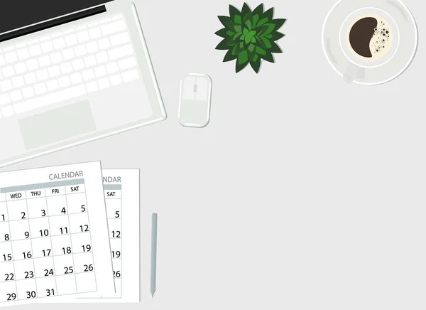 Workspace top view. On the table are laptop, calendar, coffee and plant — Image vectorielle