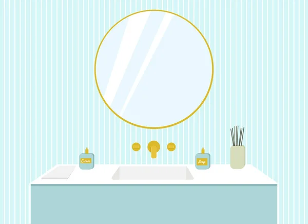 Illustration of a bathroom, washbasin with gold taps, a mirror on a blue wall. — ストックベクタ