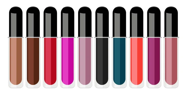 Vector Illustration Set Different Multicolored Lipsticks Transparent Tube Black Cap — Stock Vector