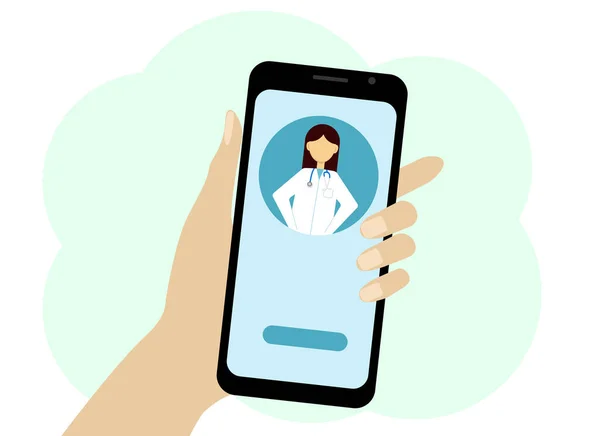 Illustrazione Vettoriale Una Mano Con Telefono Applicazione Online Con Medico — Vettoriale Stock