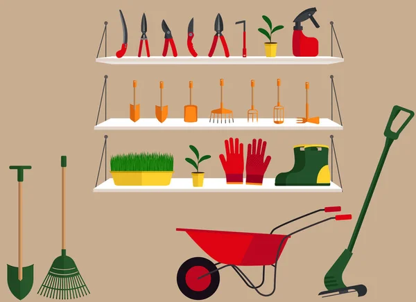 Ilustração Vetorial Uma Loja Equipamentos Jardinagem Com Prateleiras Onde Estão — Vetor de Stock