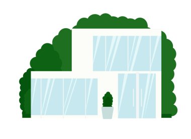 Geniş pencereli ve cam kapılı modern beyaz evin vektör çizimi