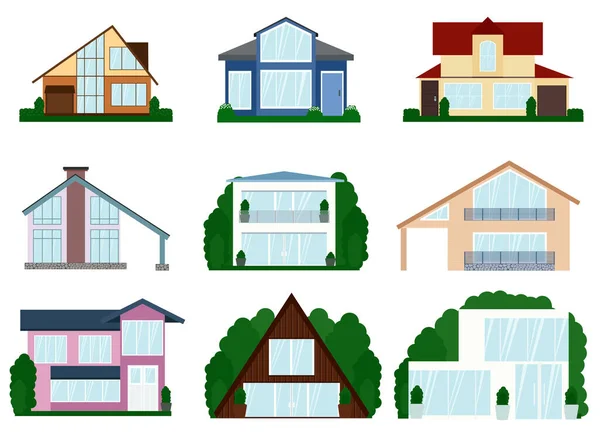 一组不同的现代两层楼房屋的矢量图解 所有房屋的风格都不同 — 图库矢量图片